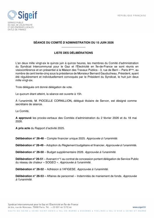 DÉLIBÉRATIONS DU 15 JUIN 2026